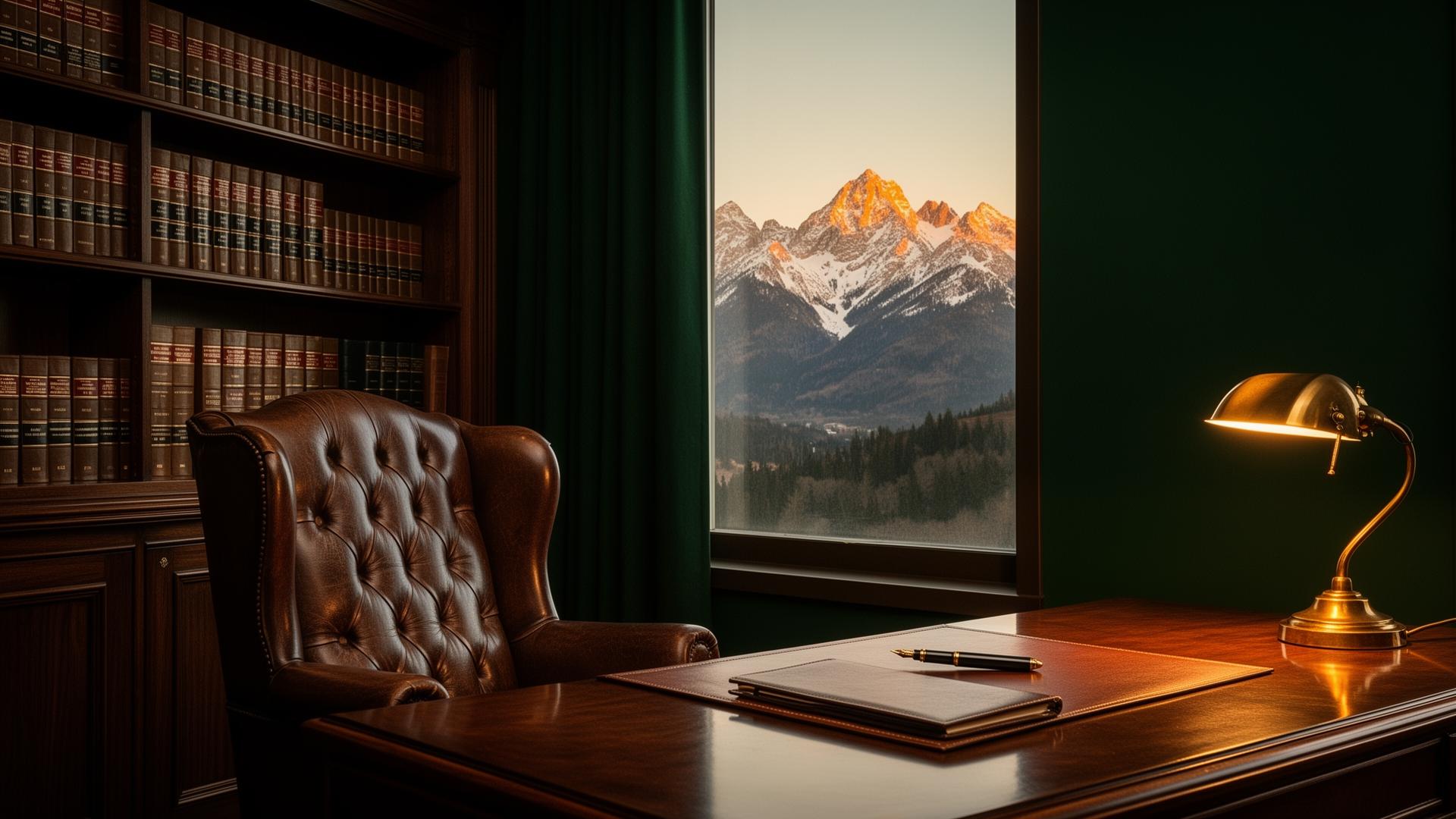 Private office with leather chair, dark paneling, and a Colorado mountain view